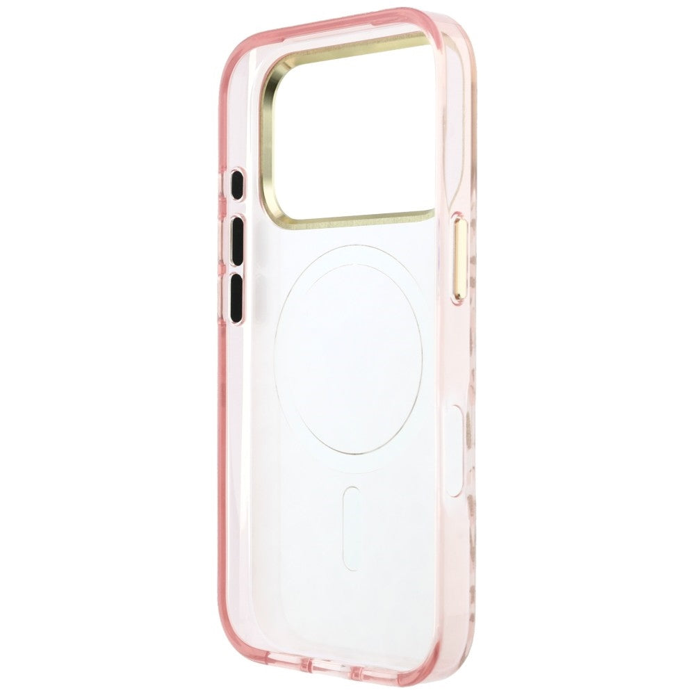 Husa MagSafe pentru Apple iPhone 18 Pro Max / 17 Pro Max, Guess, Leopard Glitter Triangle Logo, Roz