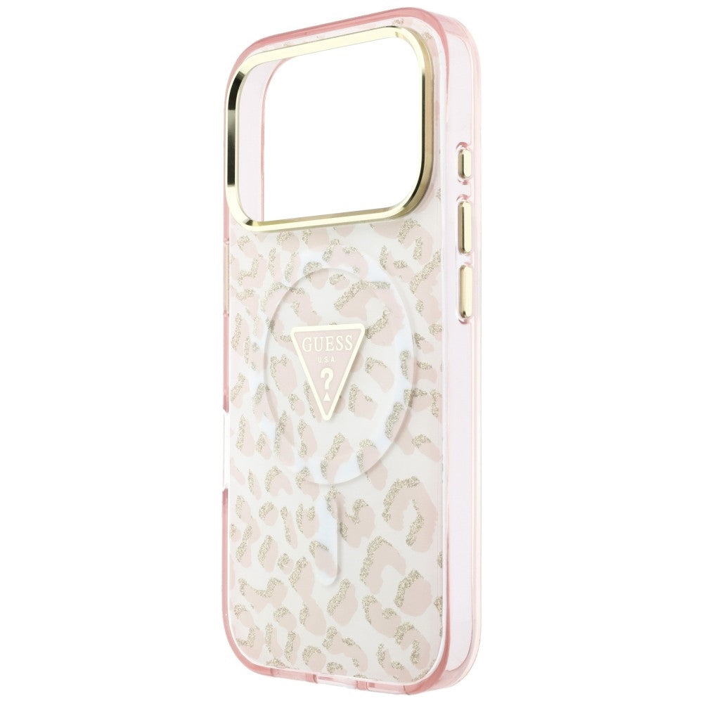 Husa MagSafe pentru Apple iPhone 18 Pro Max / 17 Pro Max, Guess, Leopard Glitter Triangle Logo, Roz