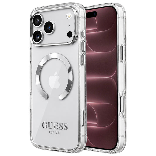 Husa MagSafe pentru Apple iPhone 18 Pro Max / 17 Pro Max, Guess, Metal Outline, Argintie