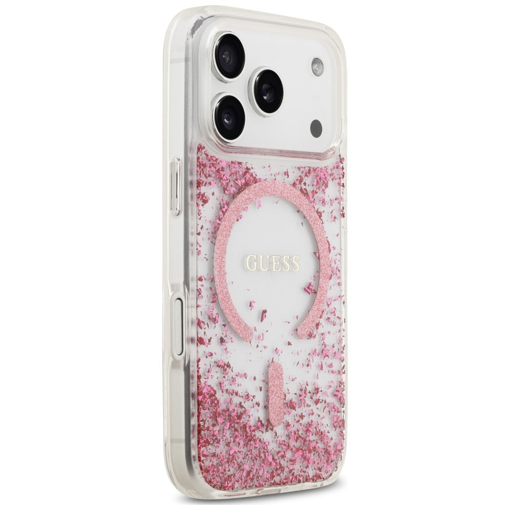 Husa MagSafe pentru Apple iPhone 18 Pro Max / 17 Pro Max, Guess, Resin Bottom Glitter, Roz