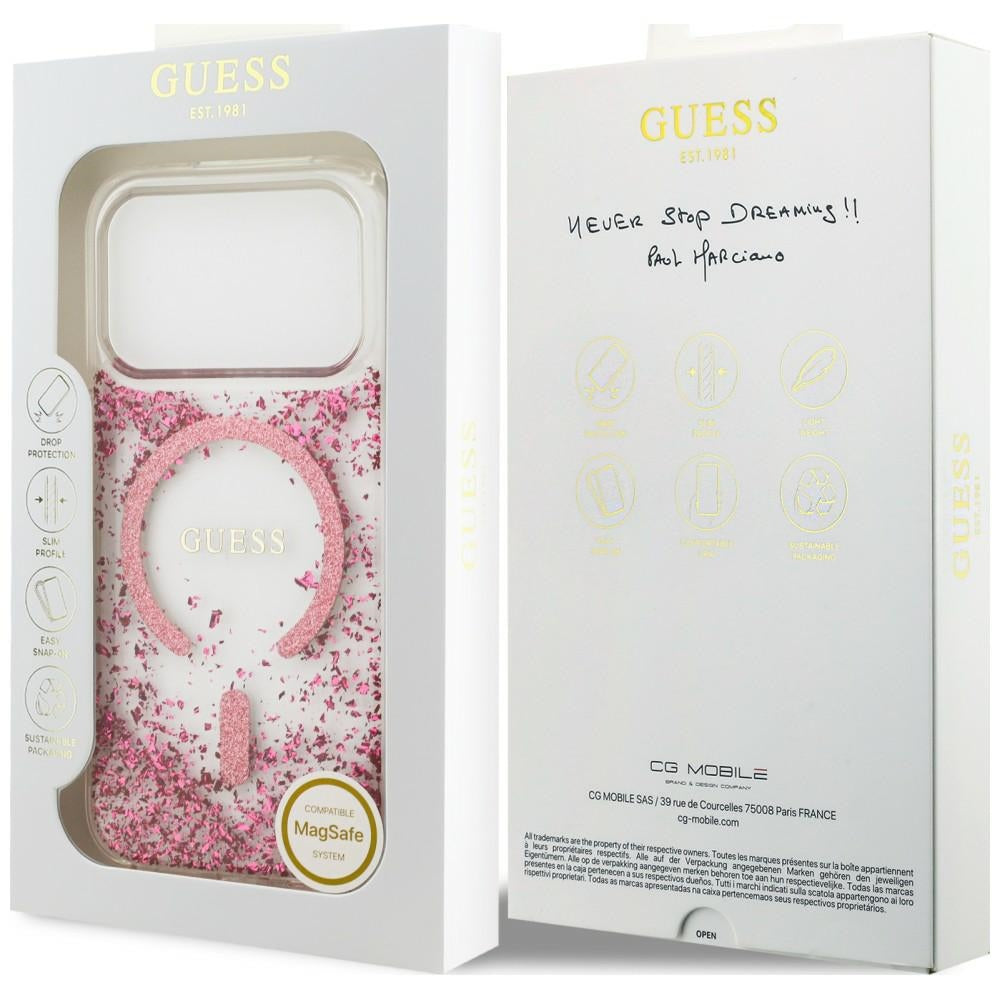 Husa MagSafe pentru Apple iPhone 18 Pro Max / 17 Pro Max, Guess, Resin Bottom Glitter, Roz