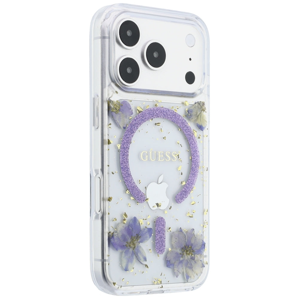 Husa MagSafe pentru Apple iPhone 18 Pro Max / 17 Pro Max, Guess, Resin Flowers and Glitter, Mov