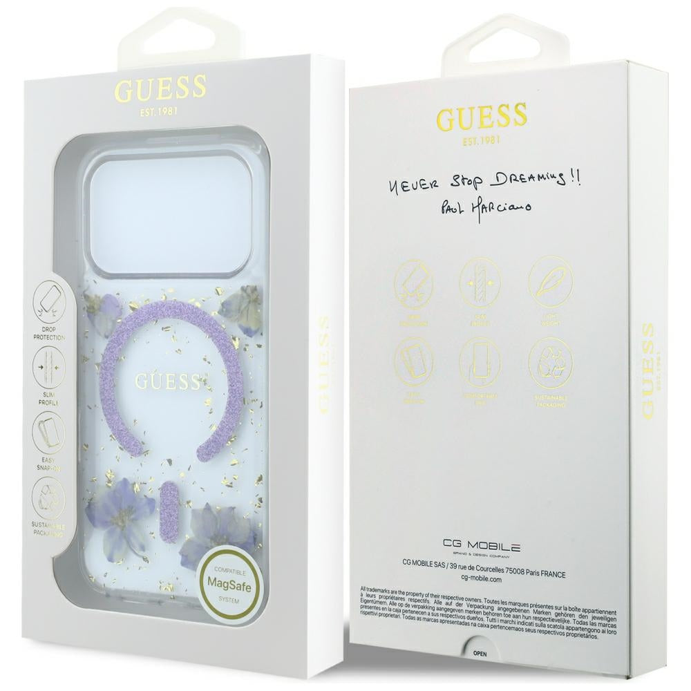 Husa MagSafe pentru Apple iPhone 18 Pro Max / 17 Pro Max, Guess, Resin Flowers and Glitter, Mov