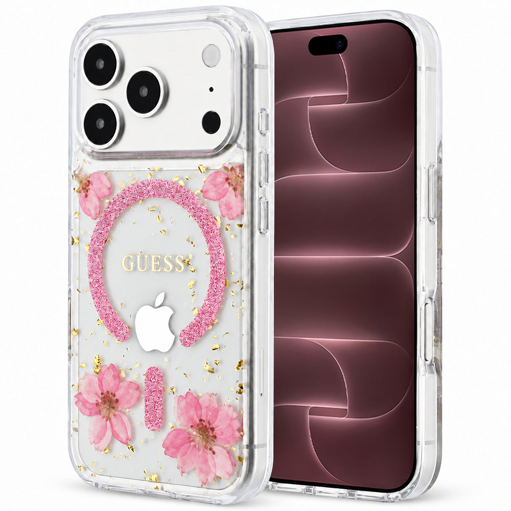 Husa MagSafe pentru Apple iPhone 18 Pro Max / 17 Pro Max, Guess, Resin Flowers and Glitter, Roz