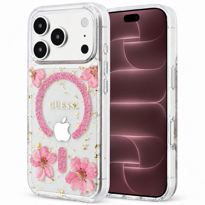 Husa MagSafe pentru Apple iPhone 18 Pro Max / 17 Pro Max, Guess, Resin Flowers and Glitter, Roz