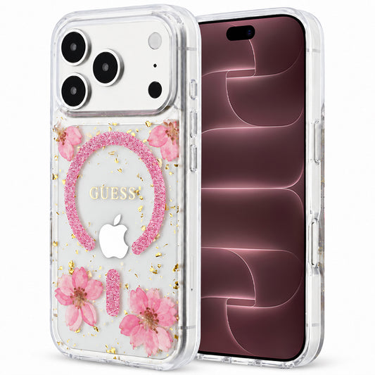 Husa MagSafe pentru Apple iPhone 18 Pro Max / 17 Pro Max, Guess, Resin Flowers and Glitter, Roz