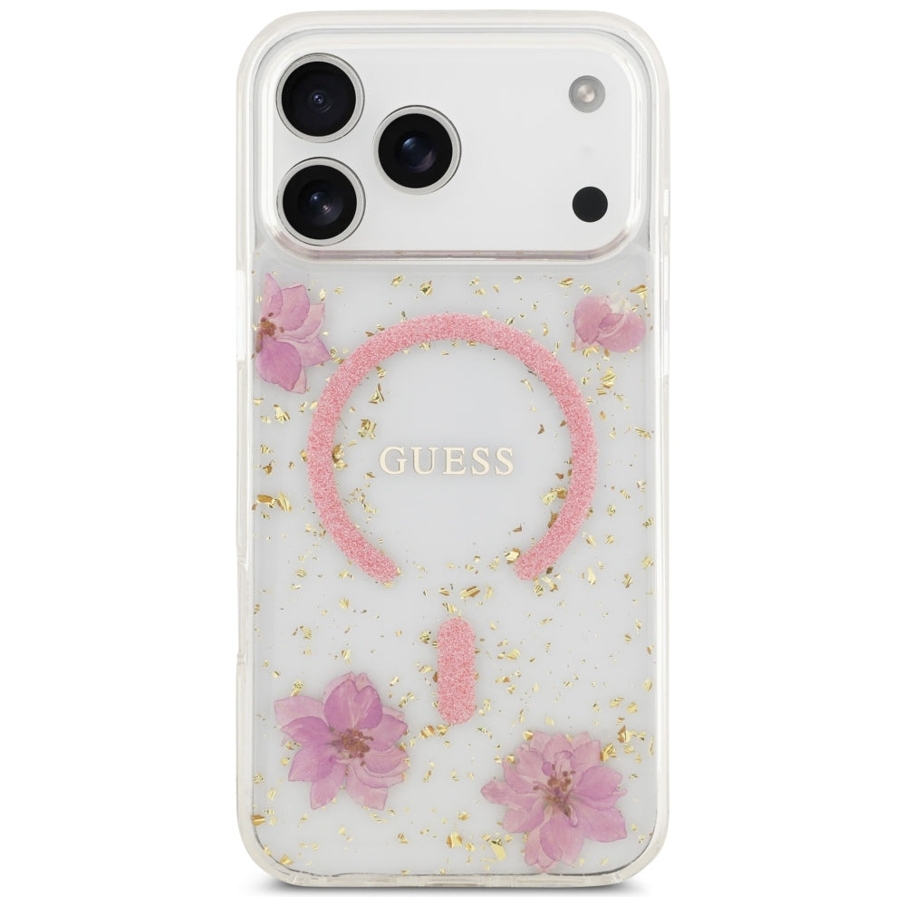 Husa MagSafe pentru Apple iPhone 18 Pro Max / 17 Pro Max, Guess, Resin Flowers and Glitter, Roz