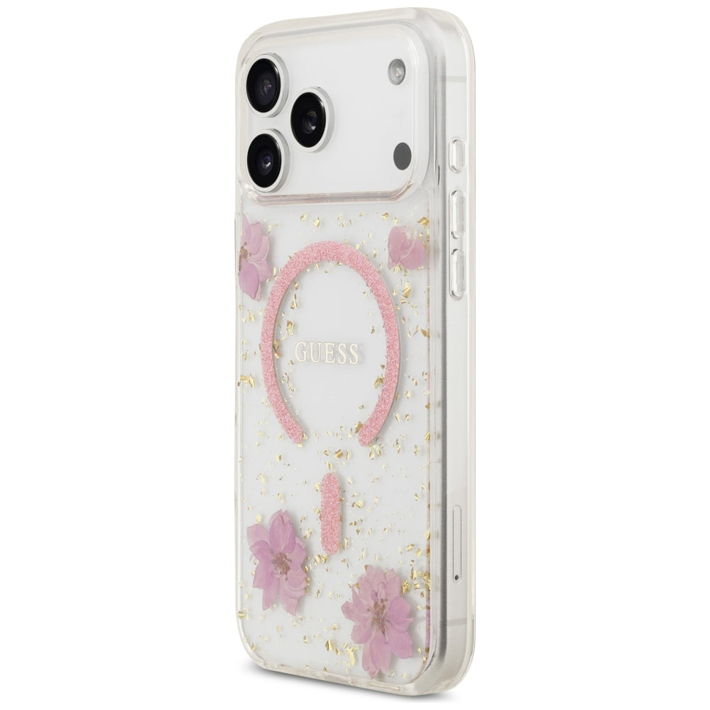 Husa MagSafe pentru Apple iPhone 18 Pro Max / 17 Pro Max, Guess, Resin Flowers and Glitter, Roz