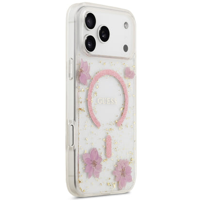 Husa MagSafe pentru Apple iPhone 18 Pro Max / 17 Pro Max, Guess, Resin Flowers and Glitter, Roz