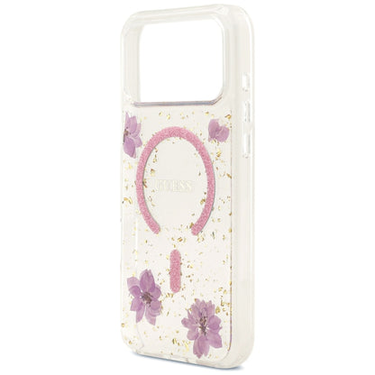 Husa MagSafe pentru Apple iPhone 18 Pro Max / 17 Pro Max, Guess, Resin Flowers and Glitter, Roz