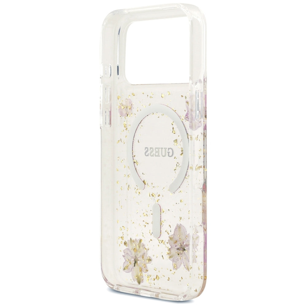 Husa MagSafe pentru Apple iPhone 18 Pro Max / 17 Pro Max, Guess, Resin Flowers and Glitter, Roz