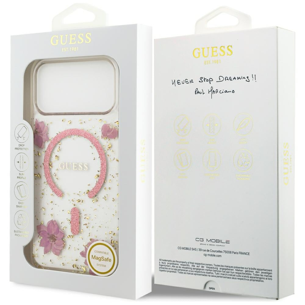 Husa MagSafe pentru Apple iPhone 18 Pro Max / 17 Pro Max, Guess, Resin Flowers and Glitter, Roz