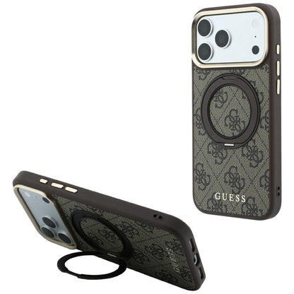 Husa MagSafe pentru Apple iPhone 18 Pro Max / 17 Pro Max, Guess, Ring Stand 360 4G Classic Logo, Maro