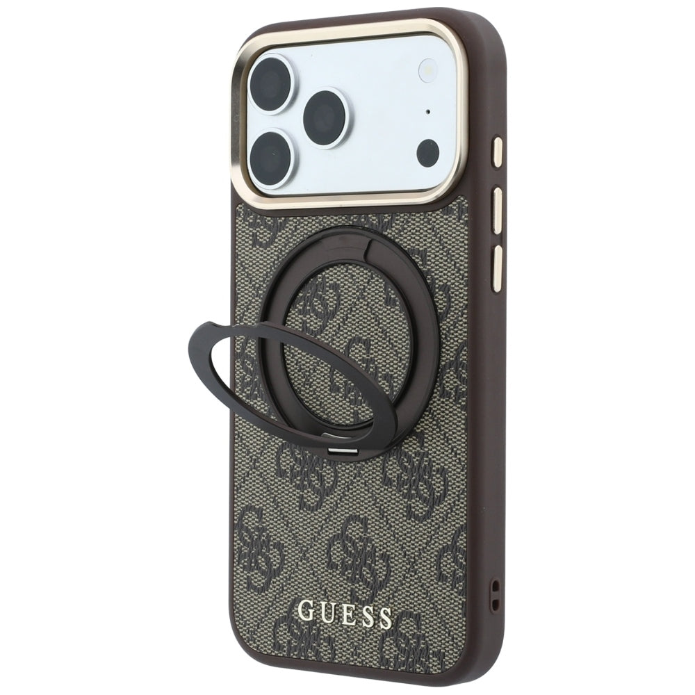 Husa MagSafe pentru Apple iPhone 18 Pro Max / 17 Pro Max, Guess, Ring Stand 360 4G Classic Logo, Maro
