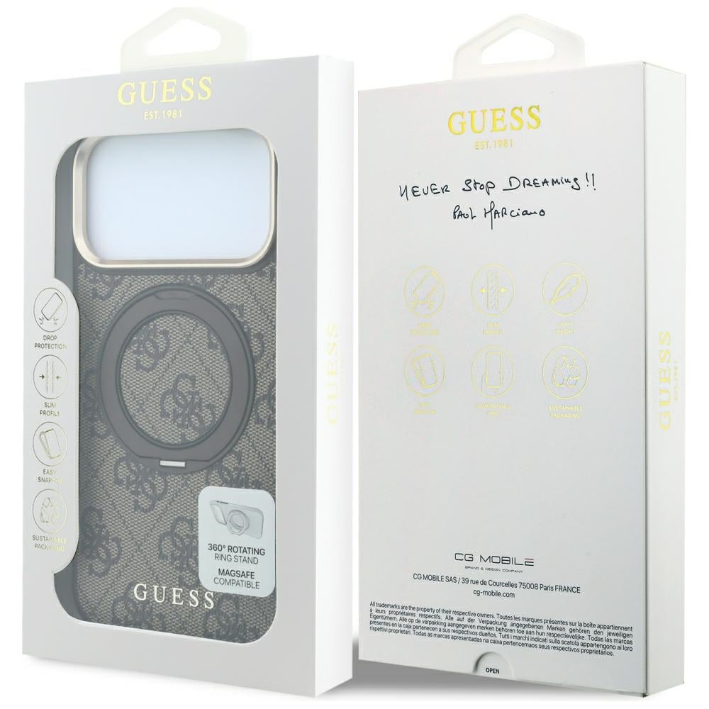 Husa MagSafe pentru Apple iPhone 18 Pro Max / 17 Pro Max, Guess, Ring Stand 360 4G Classic Logo, Maro