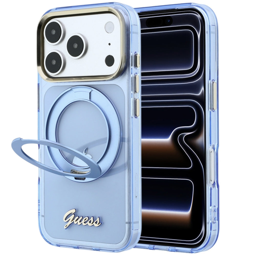 Husa MagSafe pentru Apple iPhone 18 Pro Max / 17 Pro Max, Guess, Ring Stand Script Metal Logo, Bleu