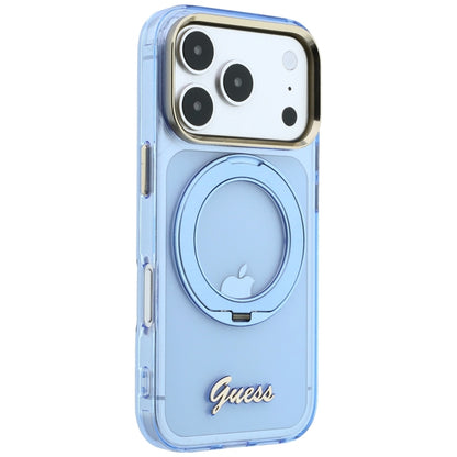 Husa MagSafe pentru Apple iPhone 18 Pro Max / 17 Pro Max, Guess, Ring Stand Script Metal Logo, Bleu