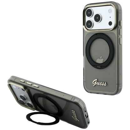 Husa MagSafe pentru Apple iPhone 18 Pro Max / 17 Pro Max, Guess, Ring Stand Script Metal Logo, Neagra