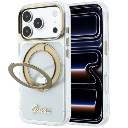 Husa MagSafe pentru Apple iPhone 18 Pro Max / 17 Pro Max, Guess, Ring Stand Script Metal Logo, Transparenta