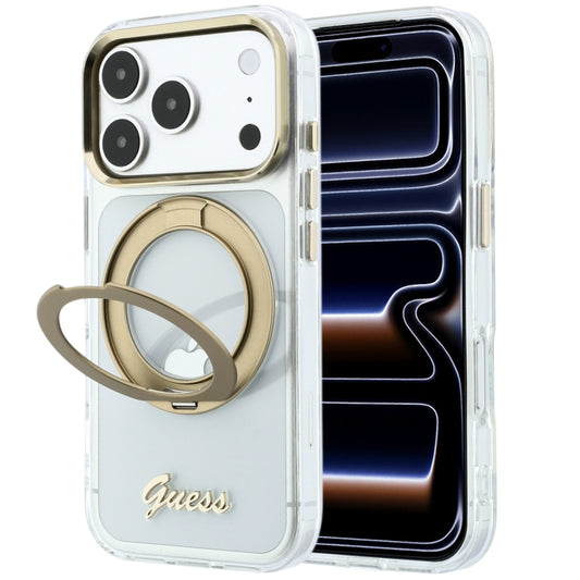 Husa MagSafe pentru Apple iPhone 18 Pro Max / 17 Pro Max, Guess, Ring Stand Script Metal Logo, Transparenta