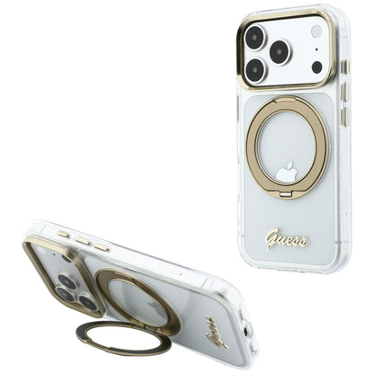 Husa MagSafe pentru Apple iPhone 18 Pro Max / 17 Pro Max, Guess, Ring Stand Script Metal Logo, Transparenta