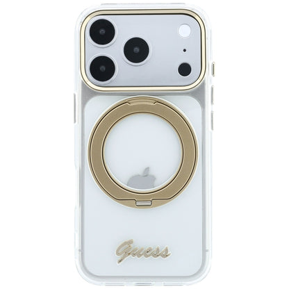 Husa MagSafe pentru Apple iPhone 18 Pro Max / 17 Pro Max, Guess, Ring Stand Script Metal Logo, Transparenta