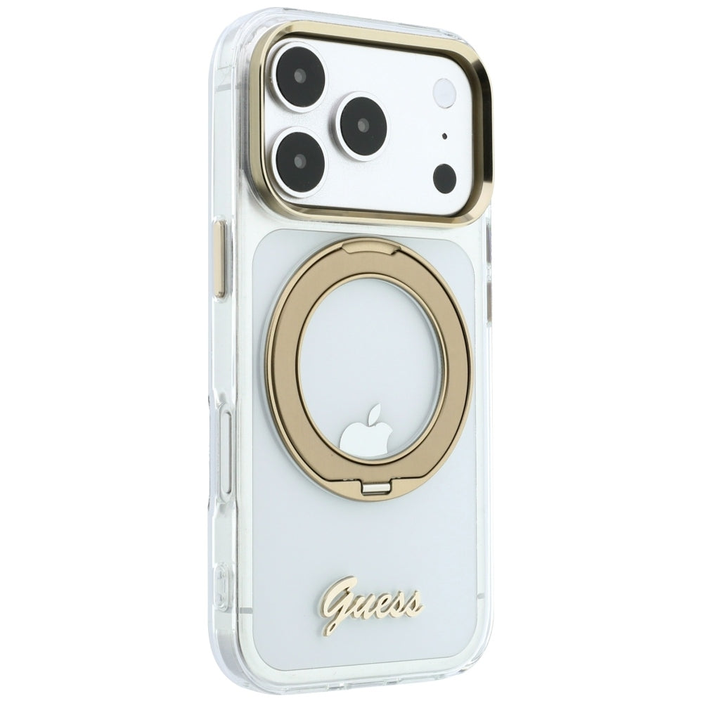 Husa MagSafe pentru Apple iPhone 18 Pro Max / 17 Pro Max, Guess, Ring Stand Script Metal Logo, Transparenta