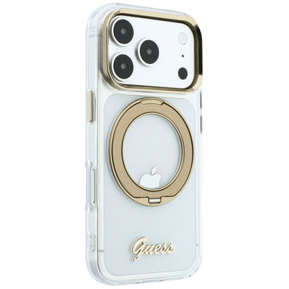 Husa MagSafe pentru Apple iPhone 18 Pro Max / 17 Pro Max, Guess, Ring Stand Script Metal Logo, Transparenta