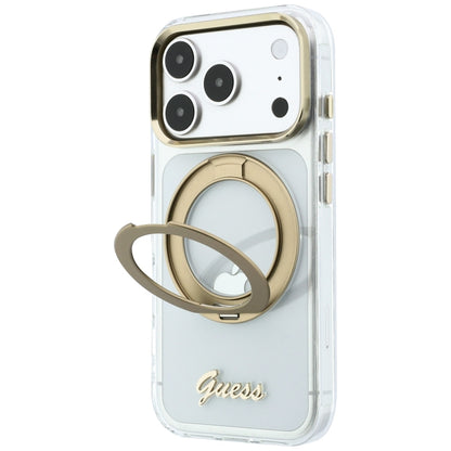 Husa MagSafe pentru Apple iPhone 18 Pro Max / 17 Pro Max, Guess, Ring Stand Script Metal Logo, Transparenta