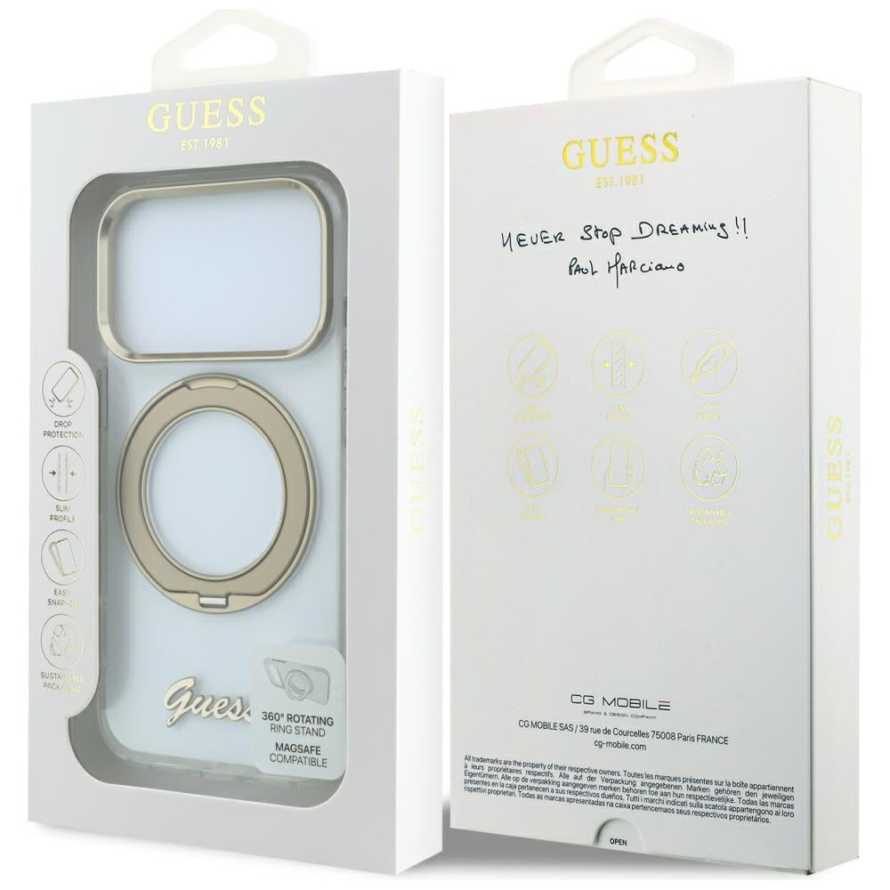 Husa MagSafe pentru Apple iPhone 18 Pro Max / 17 Pro Max, Guess, Ring Stand Script Metal Logo, Transparenta