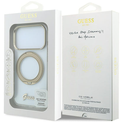 Husa MagSafe pentru Apple iPhone 18 Pro Max / 17 Pro Max, Guess, Ring Stand Script Metal Logo, Transparenta
