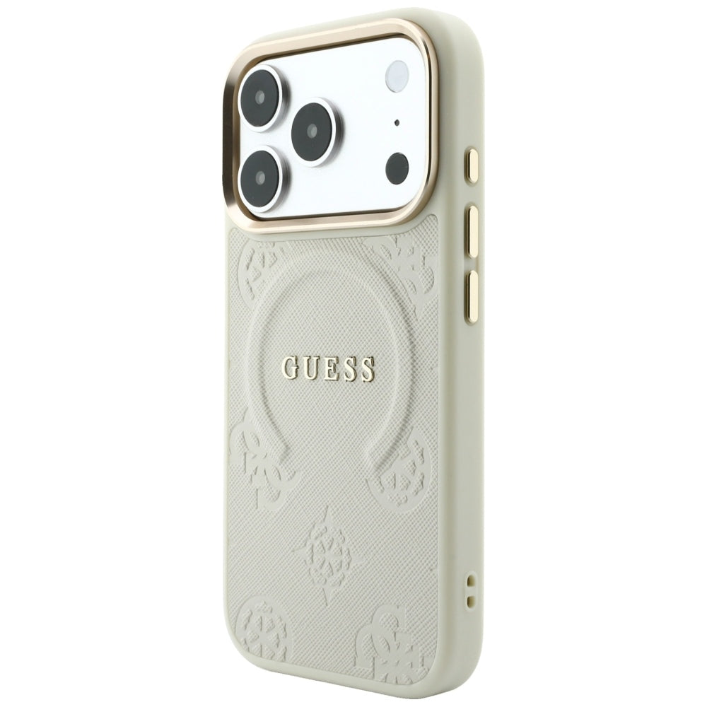 Husa MagSafe pentru Apple iPhone 18 Pro Max / 17 Pro Max, Guess, Saffiano Peony Hot Stamp, Bej
