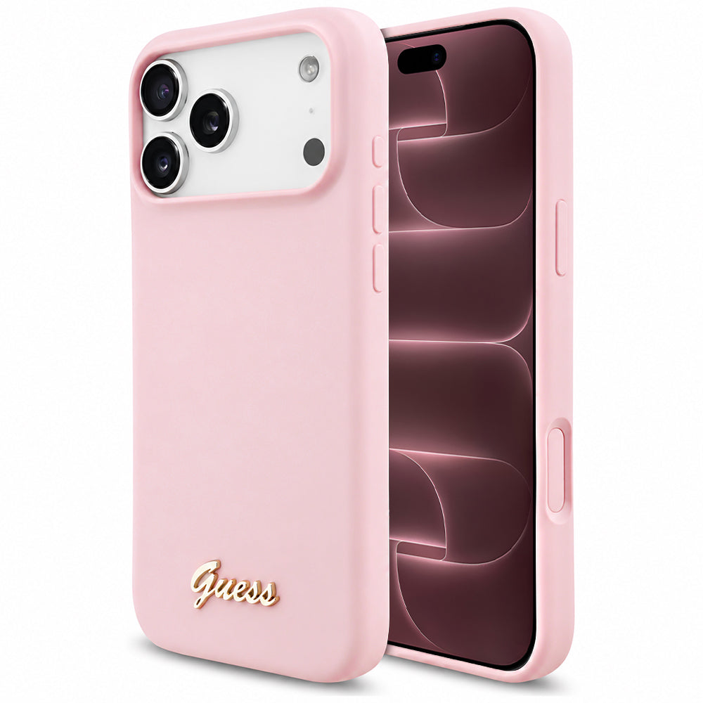Husa MagSafe pentru Apple iPhone 18 Pro Max / 17 Pro Max, Guess, Script Metal Logo, Roz