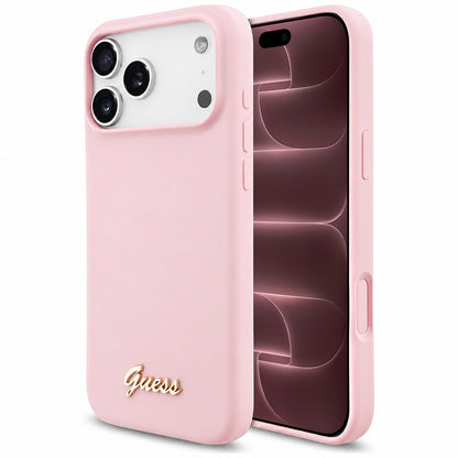 Husa MagSafe pentru Apple iPhone 18 Pro Max / 17 Pro Max, Guess, Script Metal Logo, Roz