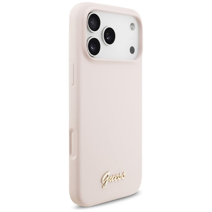 Husa MagSafe pentru Apple iPhone 18 Pro Max / 17 Pro Max, Guess, Script Metal Logo, Roz