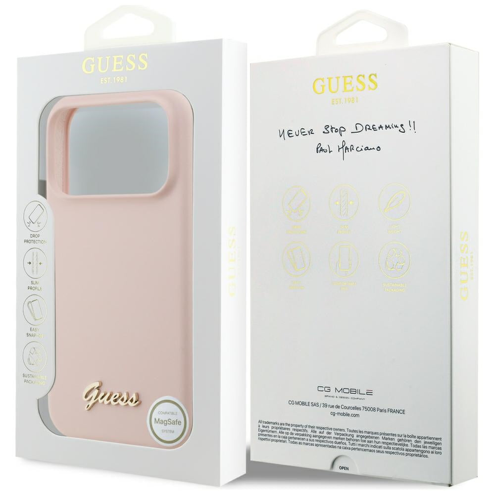 Husa MagSafe pentru Apple iPhone 18 Pro Max / 17 Pro Max, Guess, Script Metal Logo, Roz