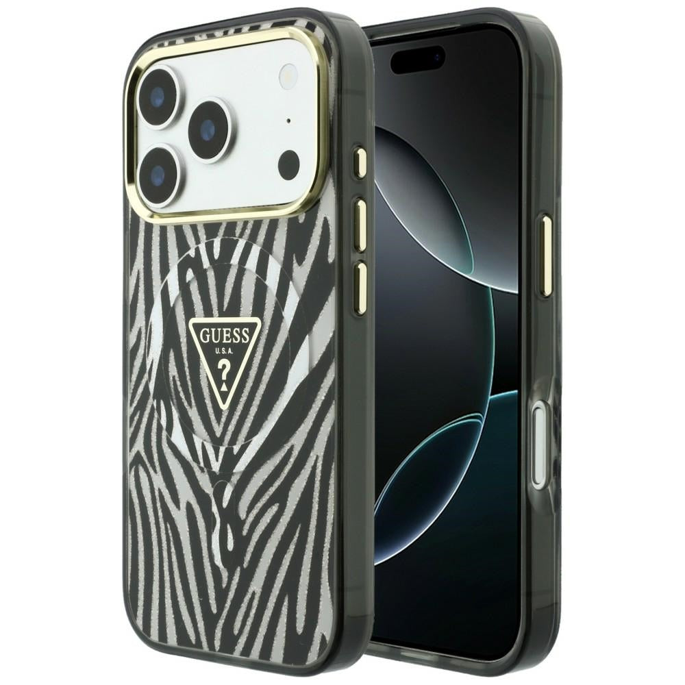 Husa MagSafe pentru Apple iPhone 18 Pro Max / 17 Pro Max, Guess, Zebra Glitter Triangle Logo, Argintie
