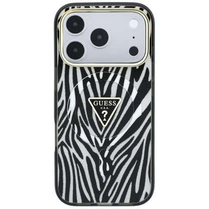 Husa MagSafe pentru Apple iPhone 18 Pro Max / 17 Pro Max, Guess, Zebra Glitter Triangle Logo, Argintie