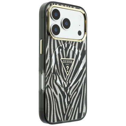 Husa MagSafe pentru Apple iPhone 18 Pro Max / 17 Pro Max, Guess, Zebra Glitter Triangle Logo, Argintie