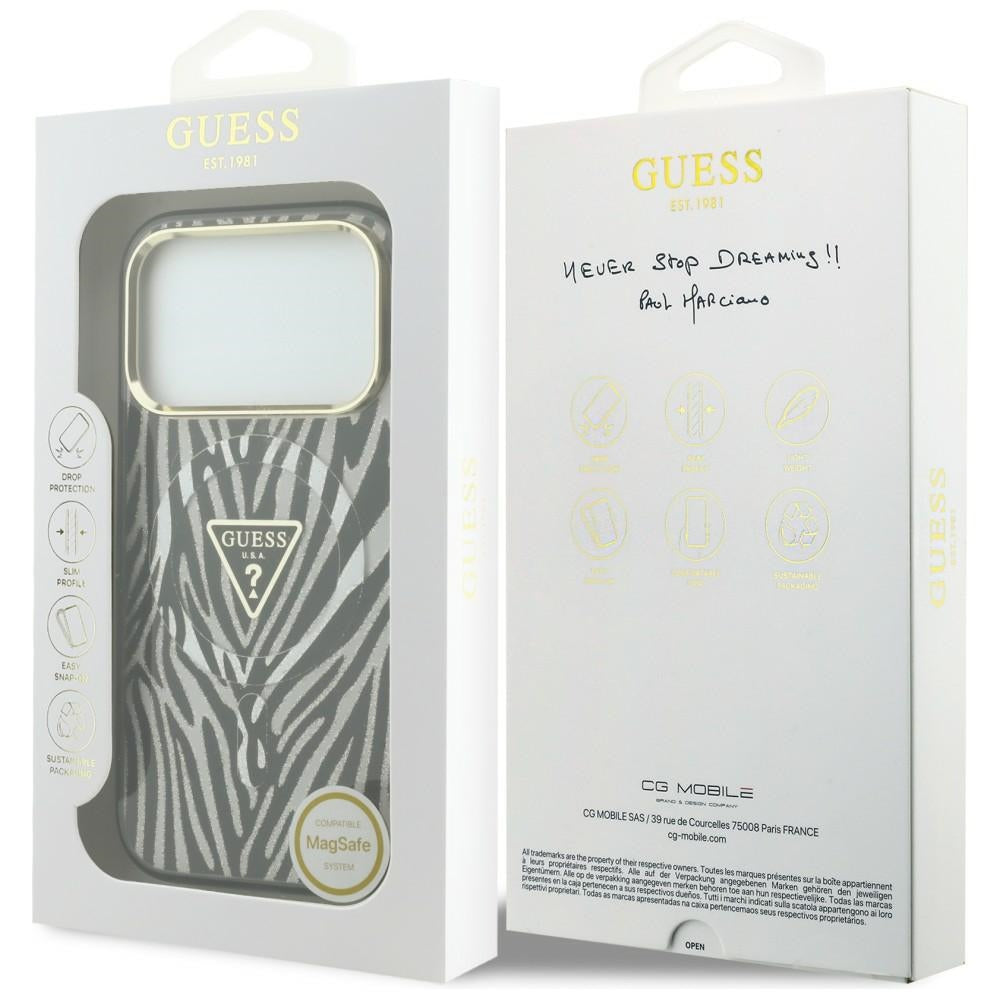 Husa MagSafe pentru Apple iPhone 18 Pro Max / 17 Pro Max, Guess, Zebra Glitter Triangle Logo, Argintie