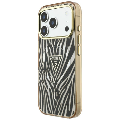 Husa MagSafe pentru Apple iPhone 18 Pro Max / 17 Pro Max, Guess, Zebra Glitter Triangle Logo, Aurie
