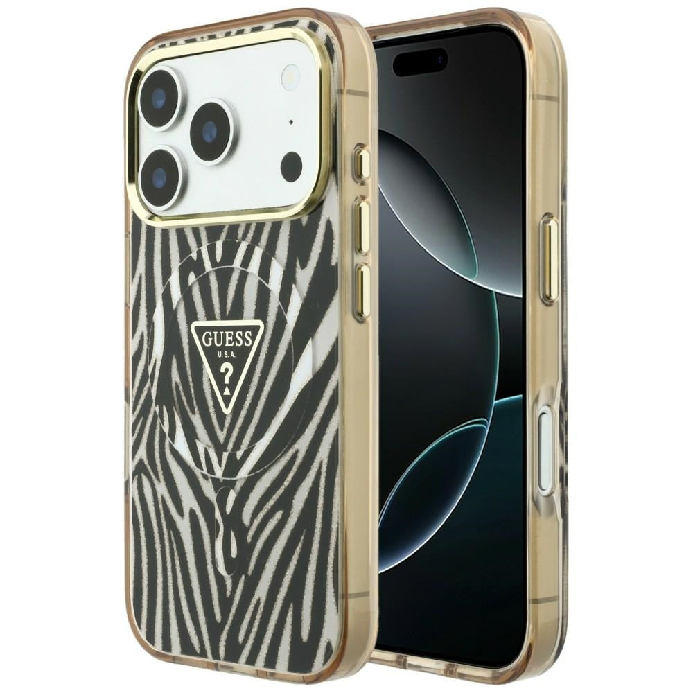 Husa MagSafe pentru Apple iPhone 18 Pro Max / 17 Pro Max, Guess, Zebra Glitter Triangle Logo, Aurie