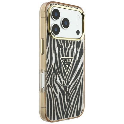 Husa MagSafe pentru Apple iPhone 18 Pro Max / 17 Pro Max, Guess, Zebra Glitter Triangle Logo, Aurie