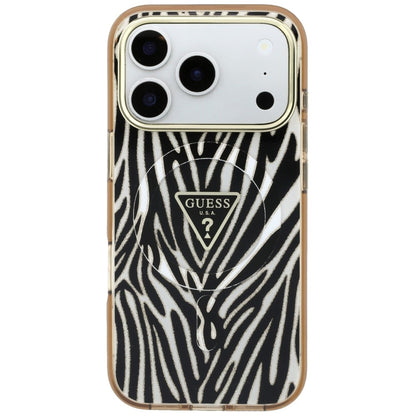 Husa MagSafe pentru Apple iPhone 18 Pro Max / 17 Pro Max, Guess, Zebra Glitter Triangle Logo, Aurie