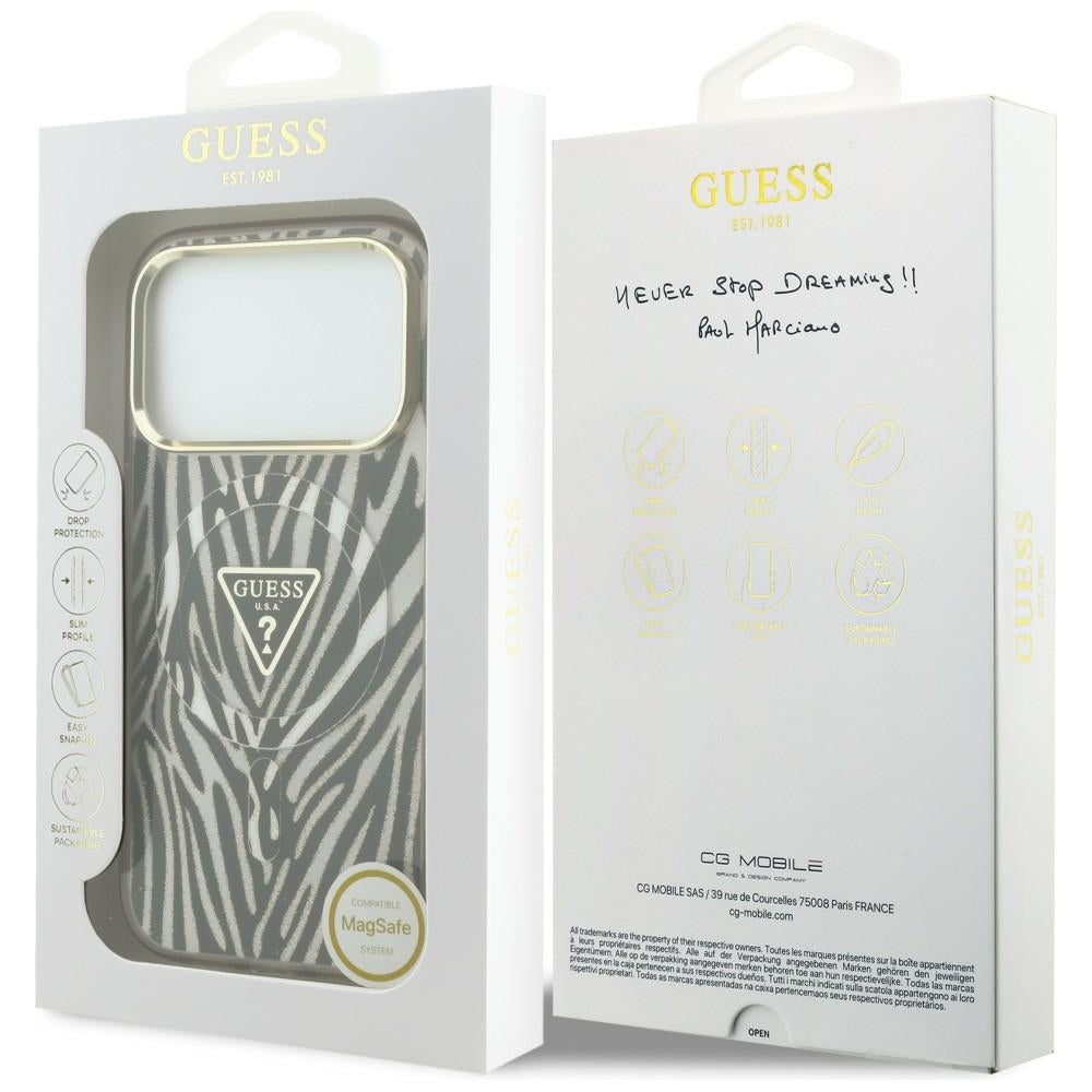 Husa MagSafe pentru Apple iPhone 18 Pro Max / 17 Pro Max, Guess, Zebra Glitter Triangle Logo, Aurie