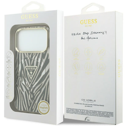 Husa MagSafe pentru Apple iPhone 18 Pro Max / 17 Pro Max, Guess, Zebra Glitter Triangle Logo, Aurie