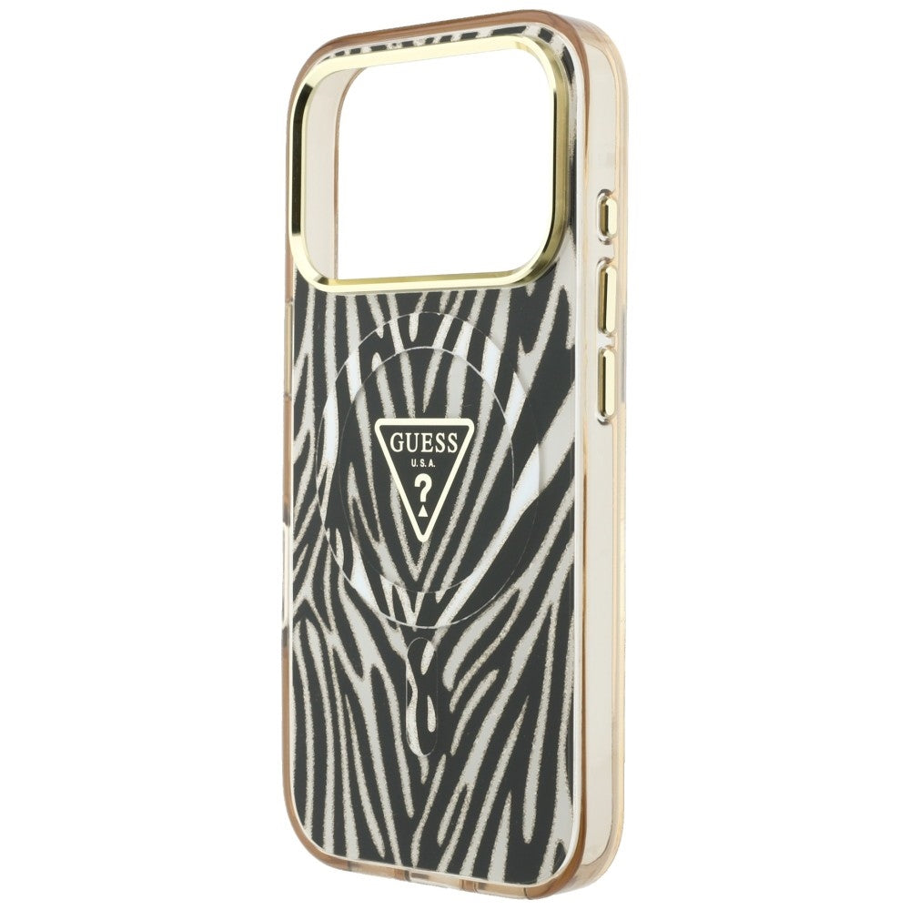 Husa MagSafe pentru Apple iPhone 18 Pro Max / 17 Pro Max, Guess, Zebra Glitter Triangle Logo, Aurie