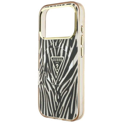 Husa MagSafe pentru Apple iPhone 18 Pro Max / 17 Pro Max, Guess, Zebra Glitter Triangle Logo, Aurie