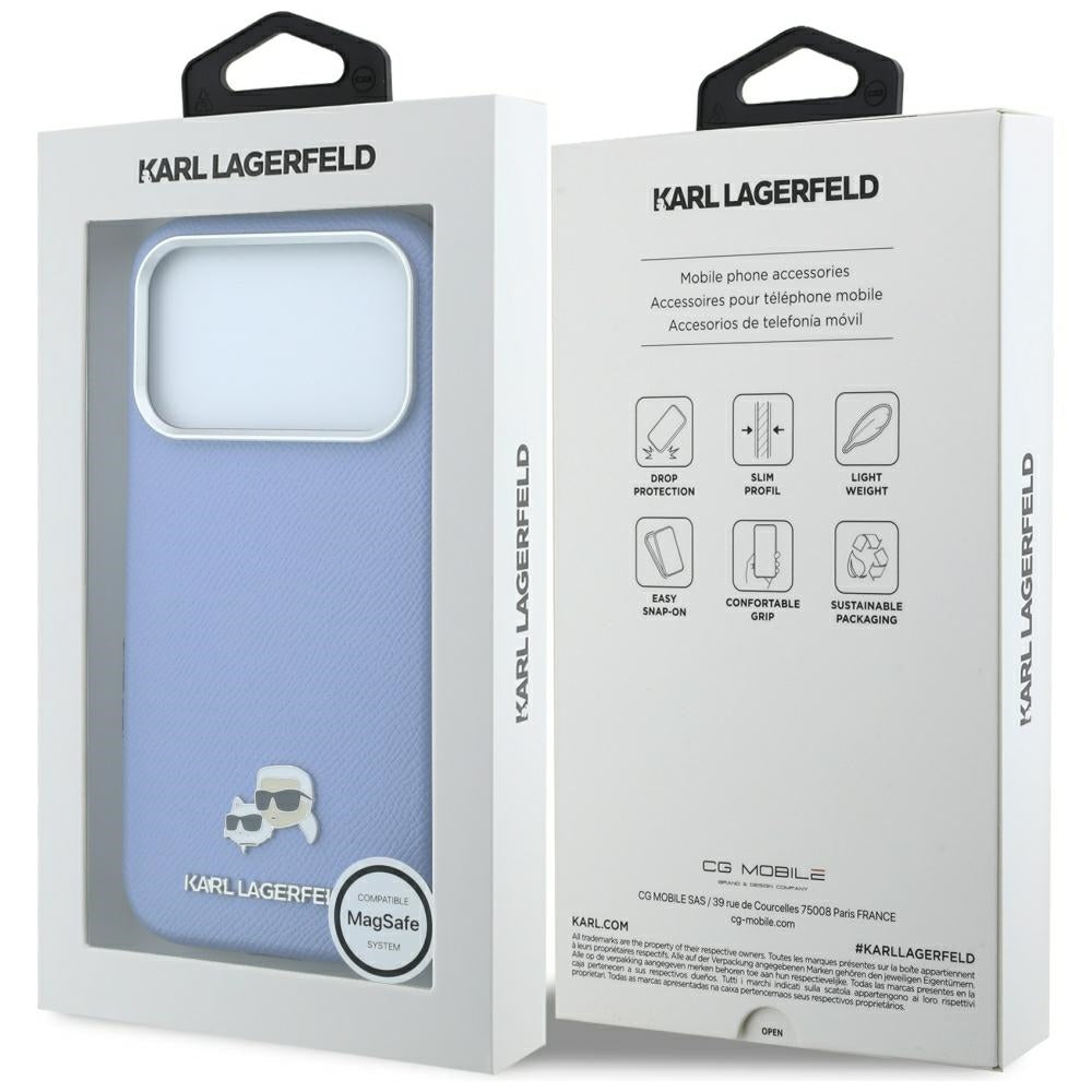 Husa MagSafe pentru Apple iPhone 18 Pro Max / 17 Pro Max, Karl Lagerfeld, Grained Karl & Choupette Head's Metal, Bleu