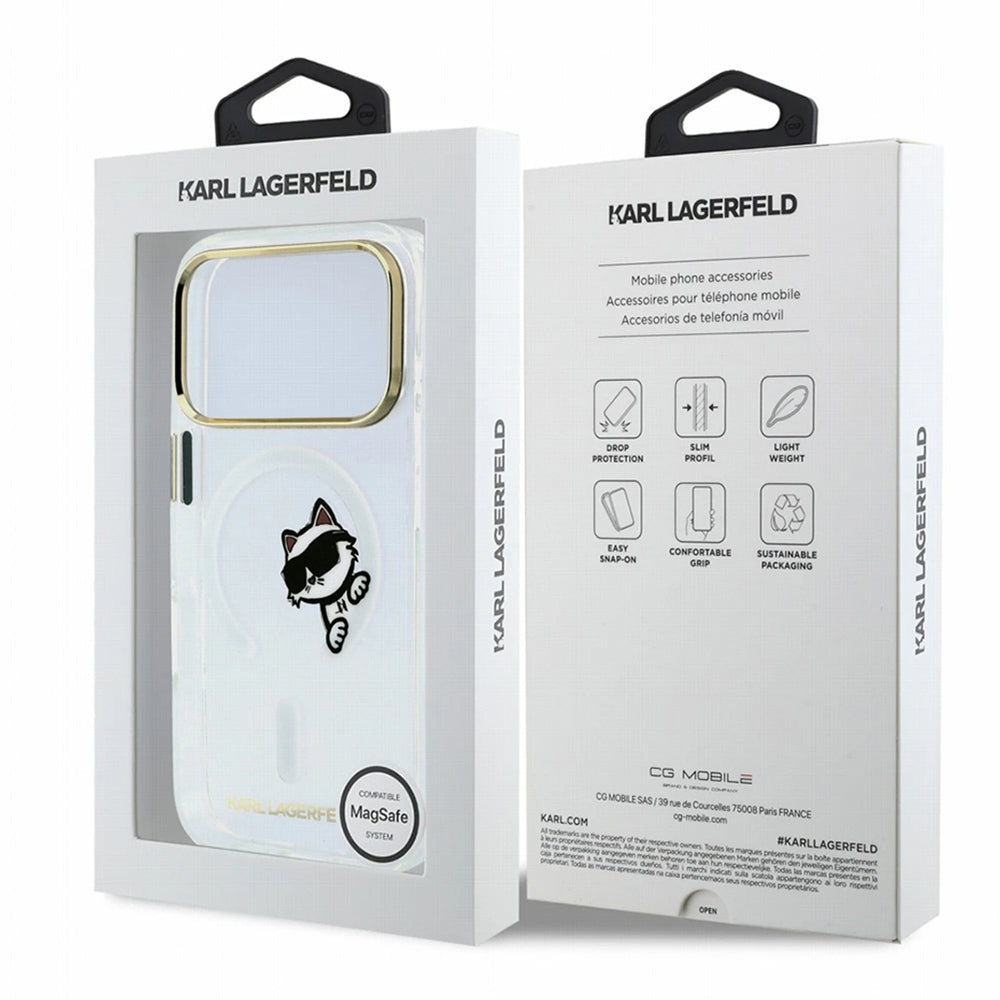 Husa MagSafe pentru Apple iPhone 18 Pro Max / 17 Pro Max, Karl Lagerfeld, IML Peekaboo Print and Metal Frame, Transparenta